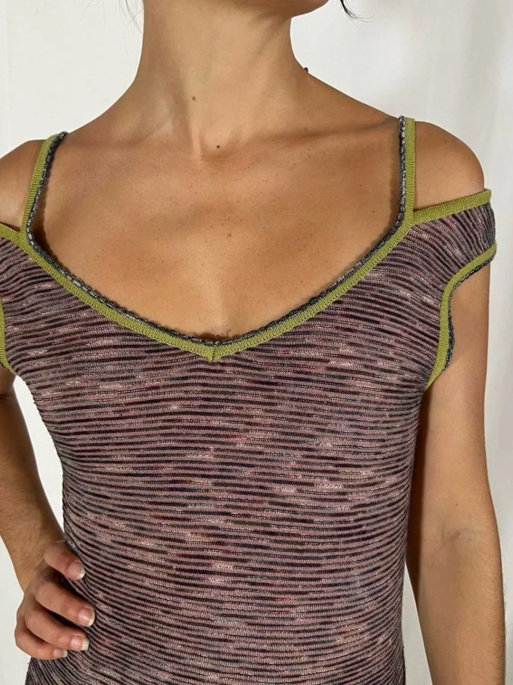 Missoni Off-Shoulder Space-Dye Midi Dress in Purple with Olive Trim - Picture 2 of 7